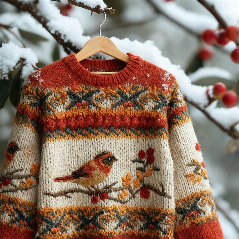 Comstylish Bird & Berries Floral Contrast Cozy Knit Isle Sweater
