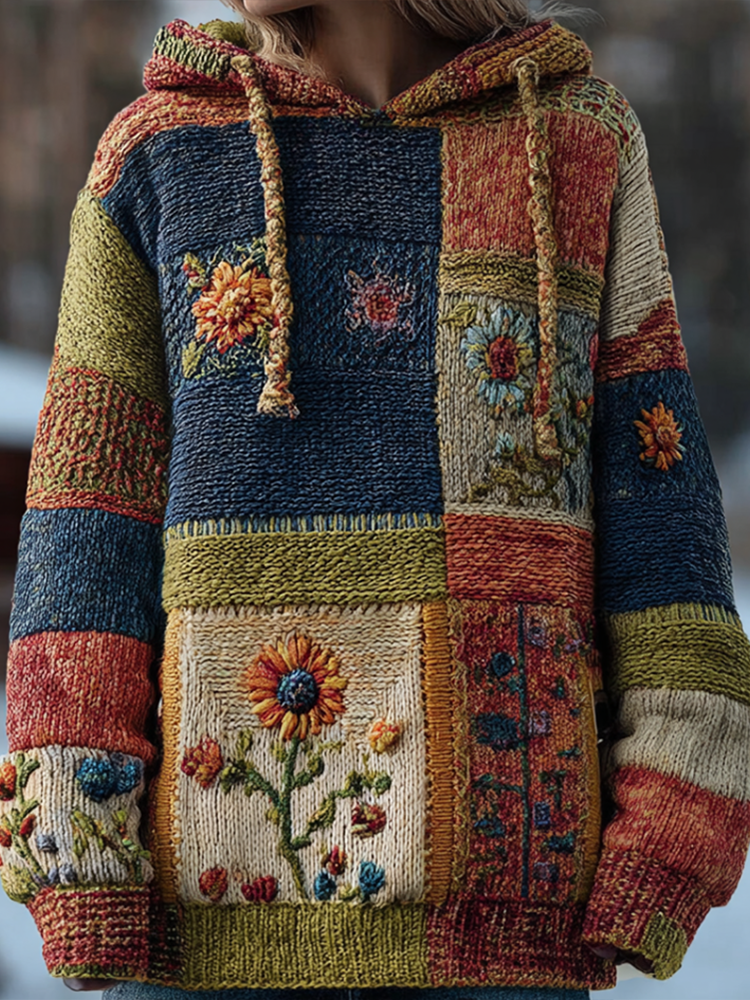 Comstylish Japanese Art Style Colorful Geometric Patchwork Plant Flower Embroidery Women's Knit Hooded Sweater